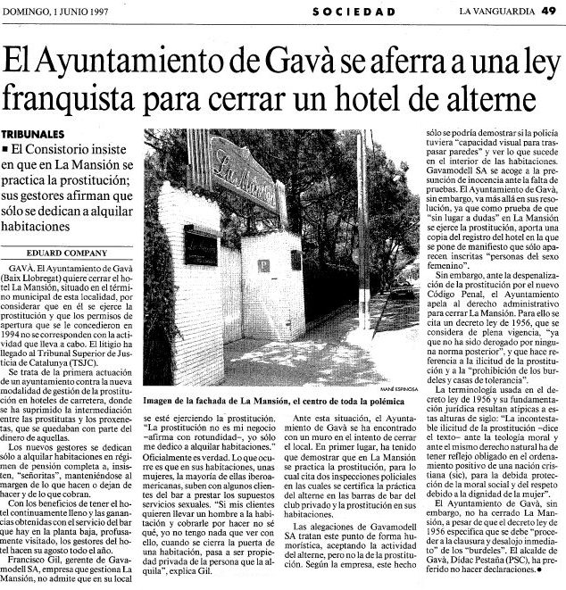 Artculo publicado sobre la voluntad del Ayuntamiento de Gav de cerrar el Club 'La Mansin' de Gav Mar publicado en el diario LA VANGUARDIA (1 de Junio de 1997)